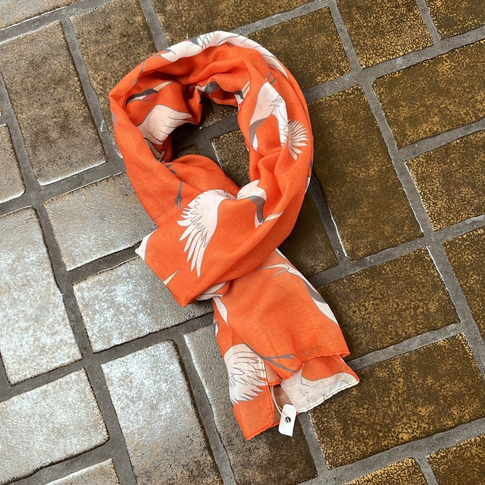 NWT JC Sunny Orange Crane Print Lightweight Scarf